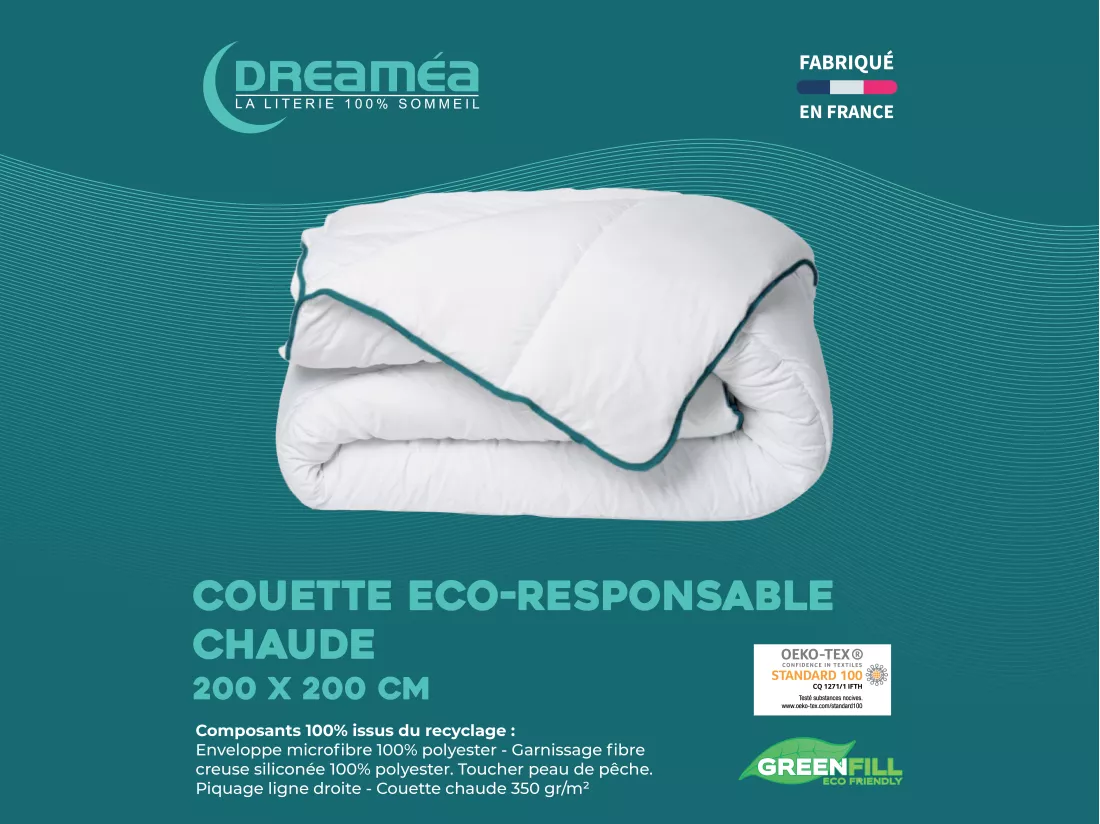 Couette chaude recyclée de DREAMEA en microfibre - 200 x 200 cm - 350 gr/ m² - Biais bleu - ROSA