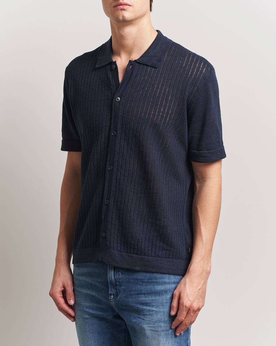 BOSS ORANGE Kamicino Knitted Short Sleeve Shirt Dark Blue