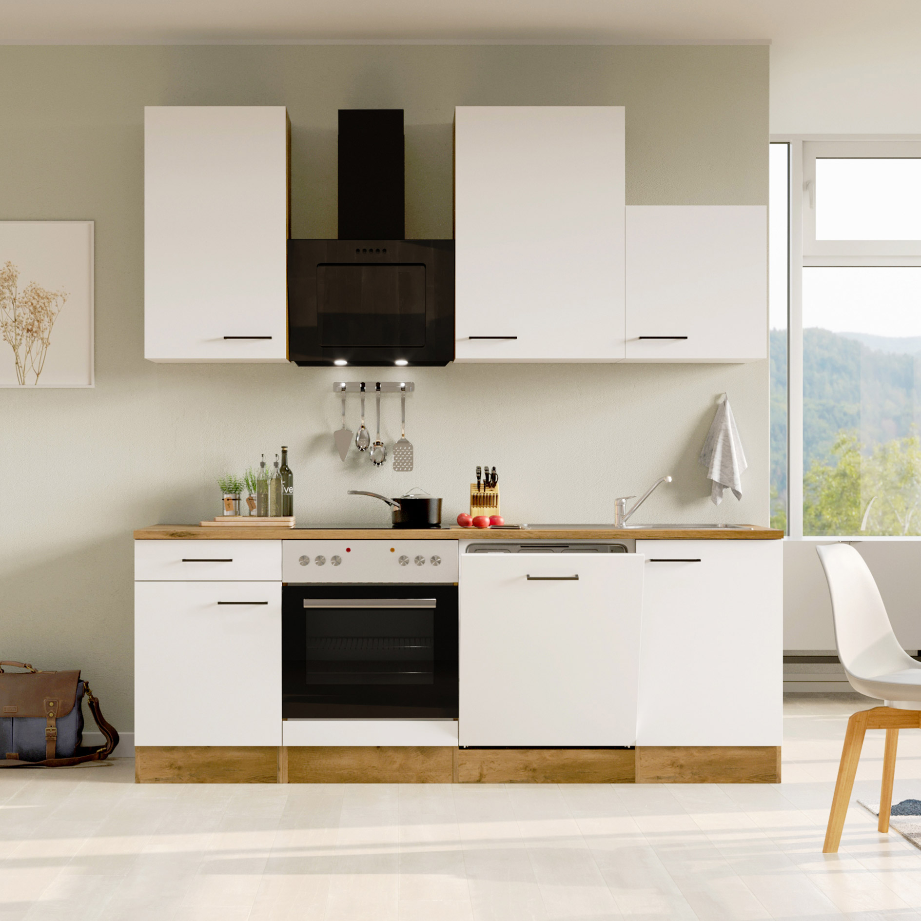 Küchenblock VINTEA - Magnolia matt - Lancelot Oak - mit E-Geräten - 220 cm