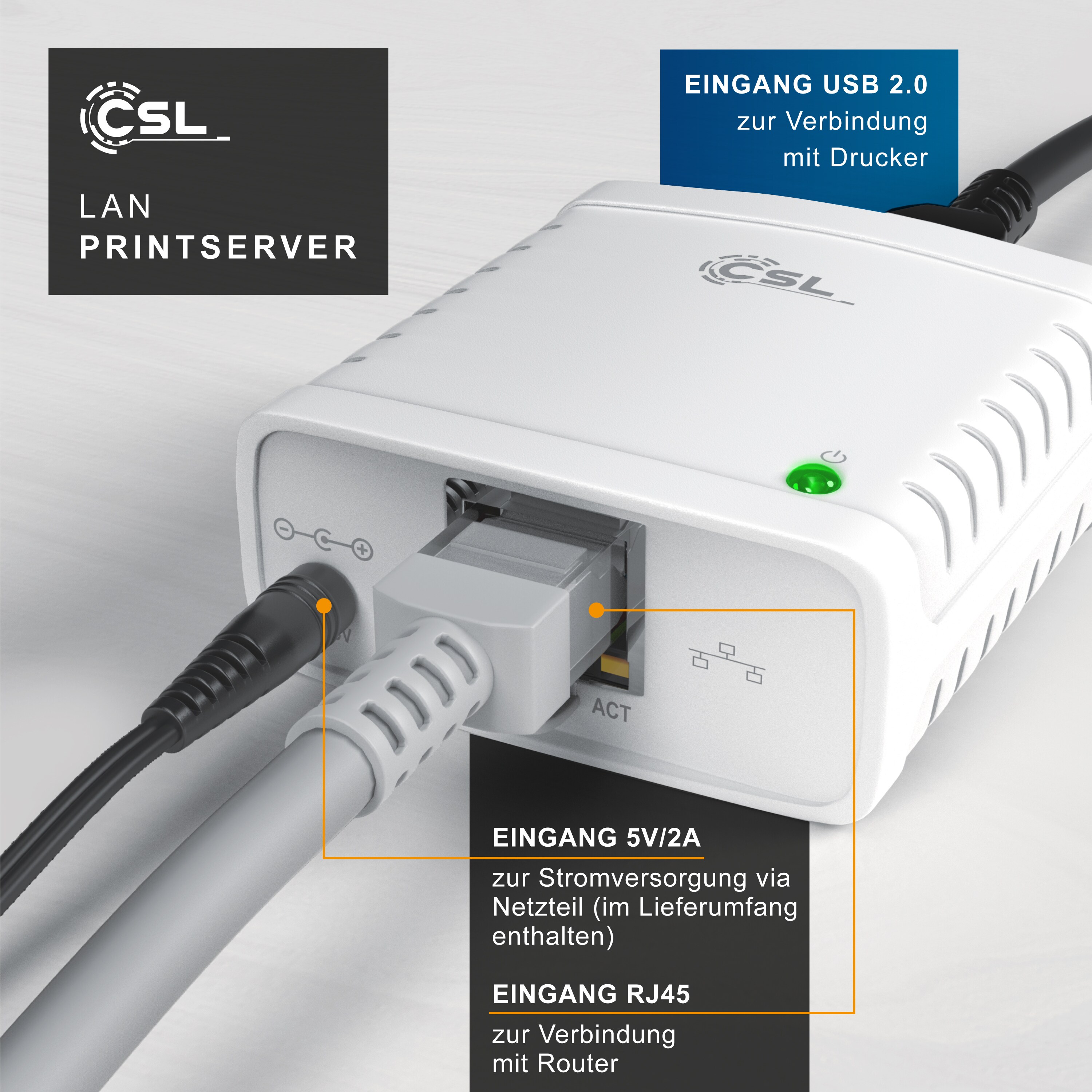 CSL LAN Printserver Druckerserver - Fast Ethernet - USB2.0 High Speed - LRP Print Server für Windows - Netzwerk USB zu RJ45 - DHCP fähig, TCP/IP