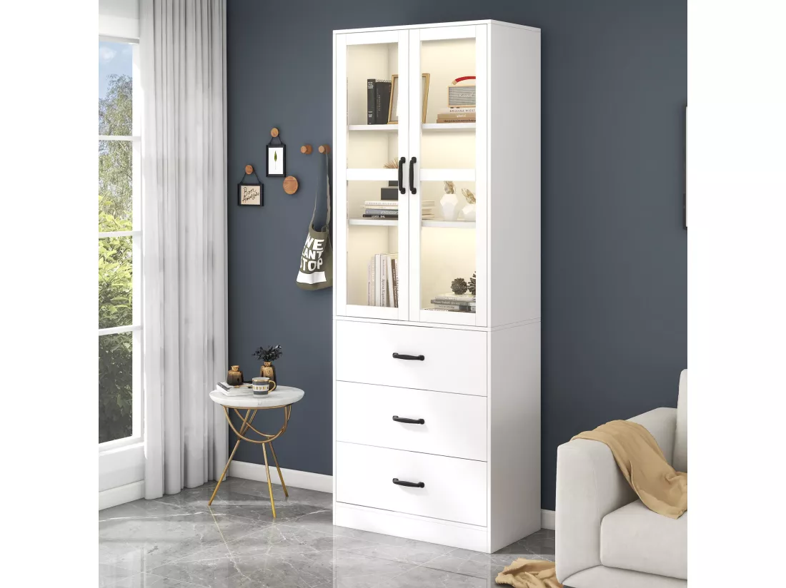 Vitrine avec 3 tiroirs et 2 portes vitrées - LEDs - Bois en MDF - laqué blanc - 60 x 40 x 200 cm