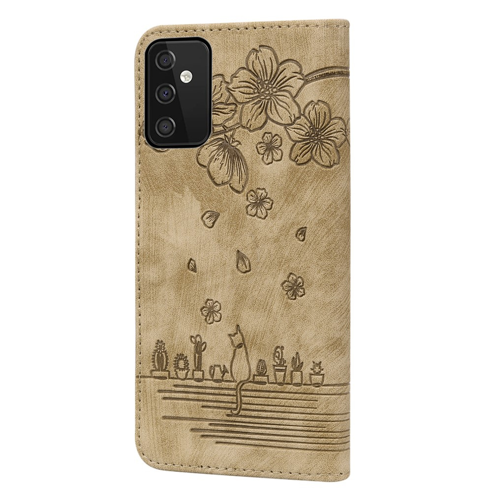 Samsung Galaxy A54 5G Leder Tasche Flip Cover Katze & Blumen Imprint - Braun