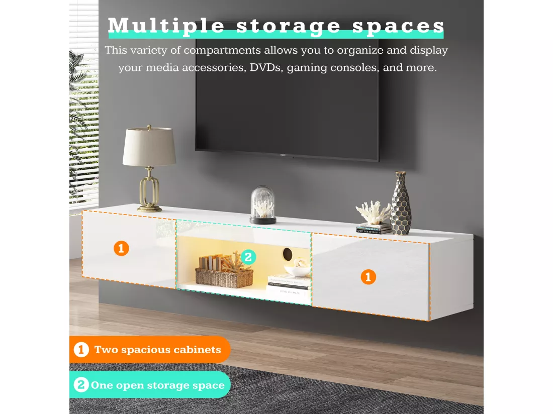 Meuble TV suspendu avec 2 portes et compartiment ouvert - 160 x 31 x 22 cm - LEDs - Panneau de particules - Blanc brillant
