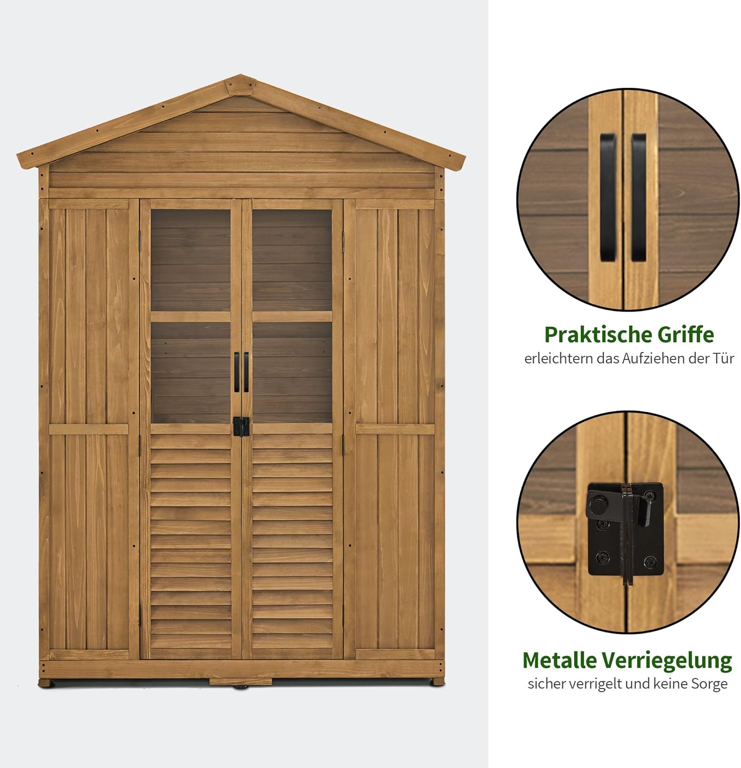 M MCombo Gartenschrank Gartenhaus Holz Wetterfest, Geräteschrank Holzschrank Outdoor Wasserdicht Begehbar, für Außenbereich Balkon Terrasse, Gerätehaus mit 6 Feste Regale 74×143×200 cm (Natur)
