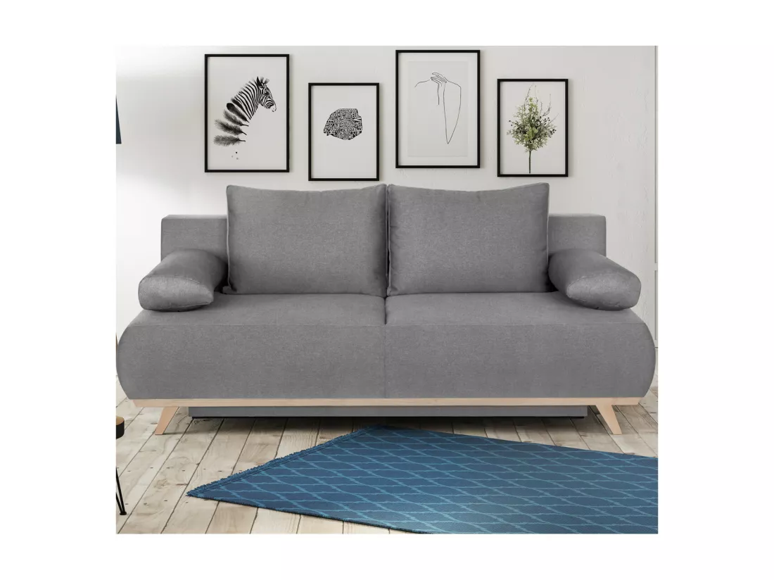 Canapé convertible 3 places avec coffre de rangement en tissu gris clair - Laria