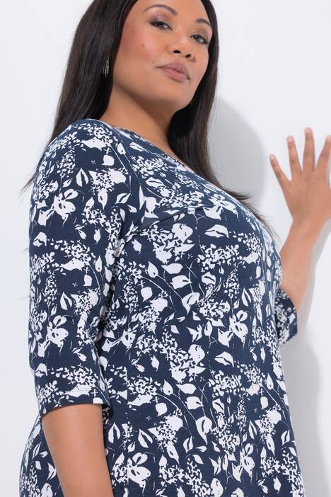 Longshirt, Blüten, A-Linie, V-Ausschnitt, 3/4-Arm, marine