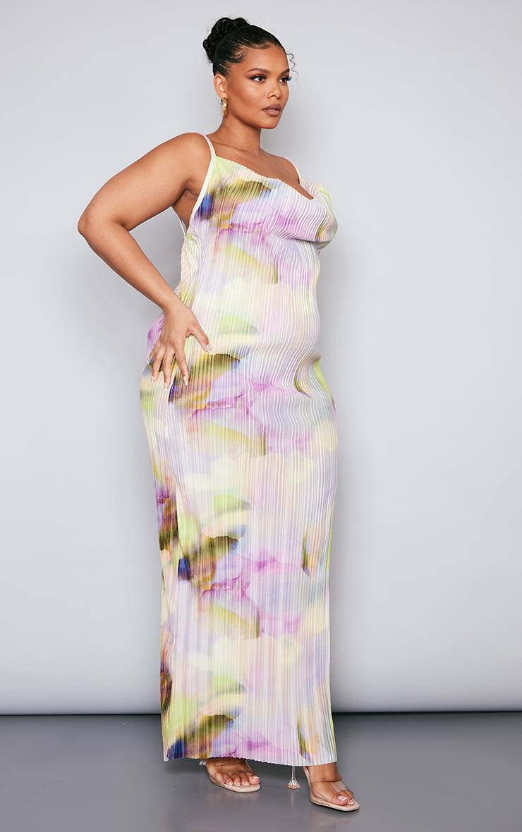 Lilas Robe Longue Plissée Grande Taille À Col Bénitier Imprimée