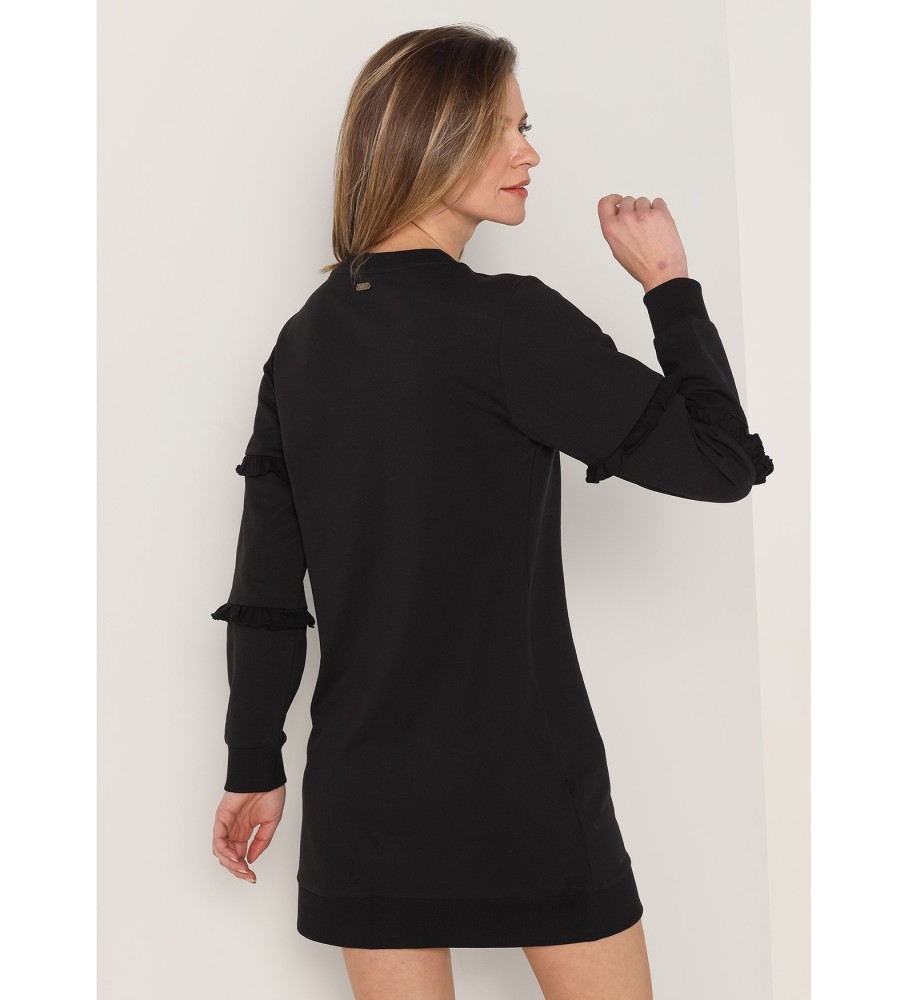 Vestido curto Lois com babados e mangas estampadas, preto.