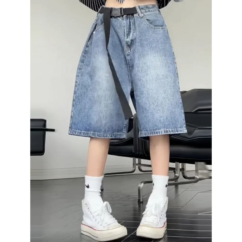 Areumdaun - Mid Rise Washed Wide Leg Denim Shorts