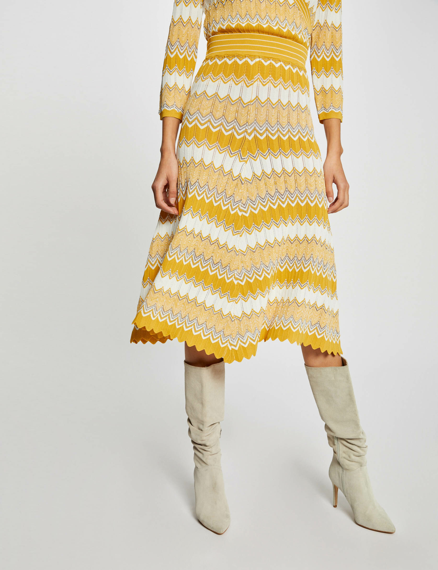 Jupe midi droite tricotée à rayures jaune femme - jaune