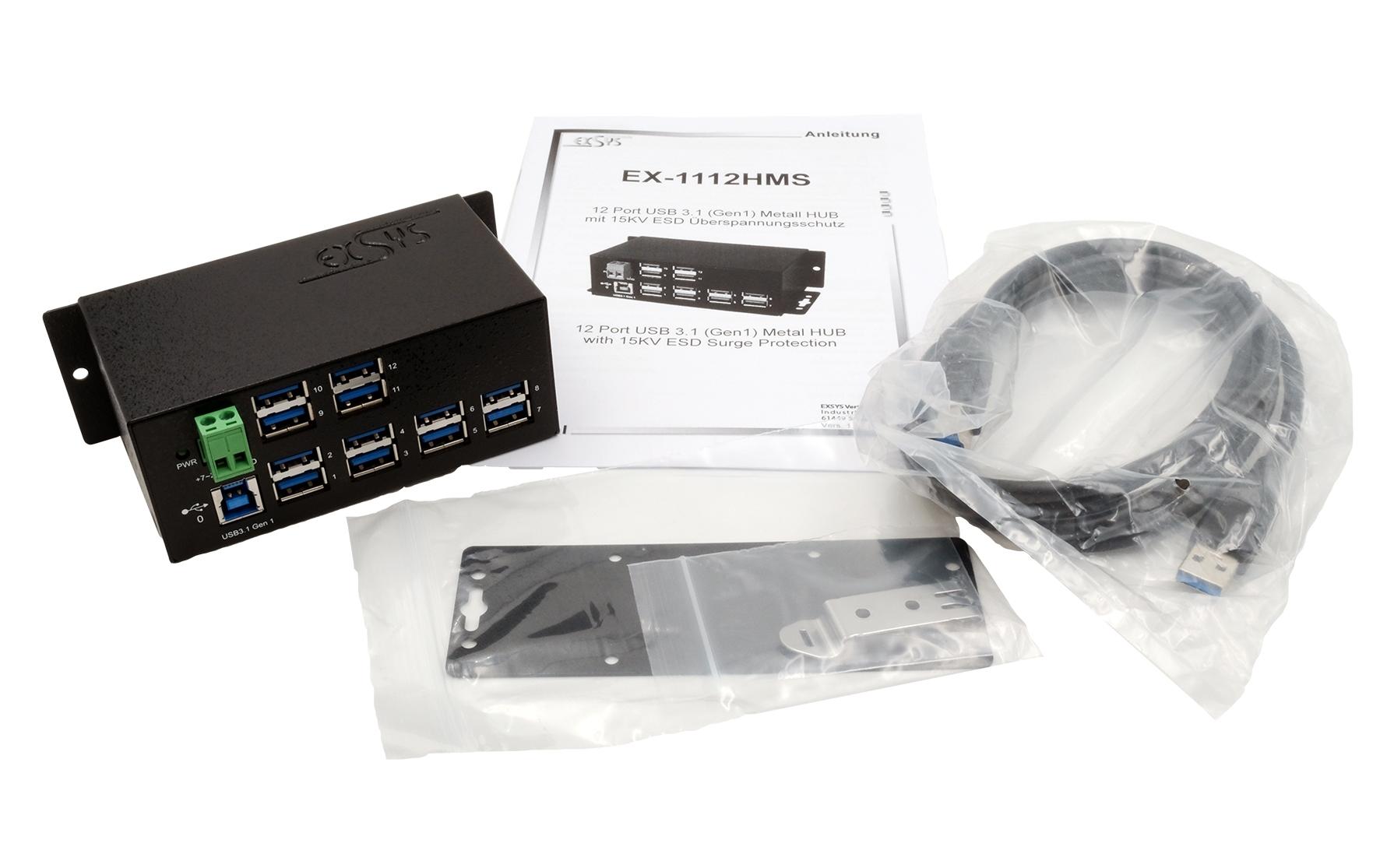 USB-Hub EX-1112HMS 12x USB 3.0/3.1<br>12 Port USB 3.2 Gen 1 Metall HUB mit 15KV ESD Überspannungsschutz, A-Buchsen