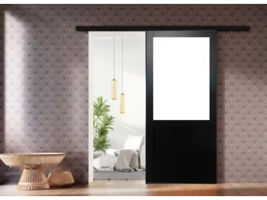 Porte Coulissant Atelier Noir Vitree H204 X L93 Sans Meneau + Rail Alu Bandeau Noir Gd Menuiseries