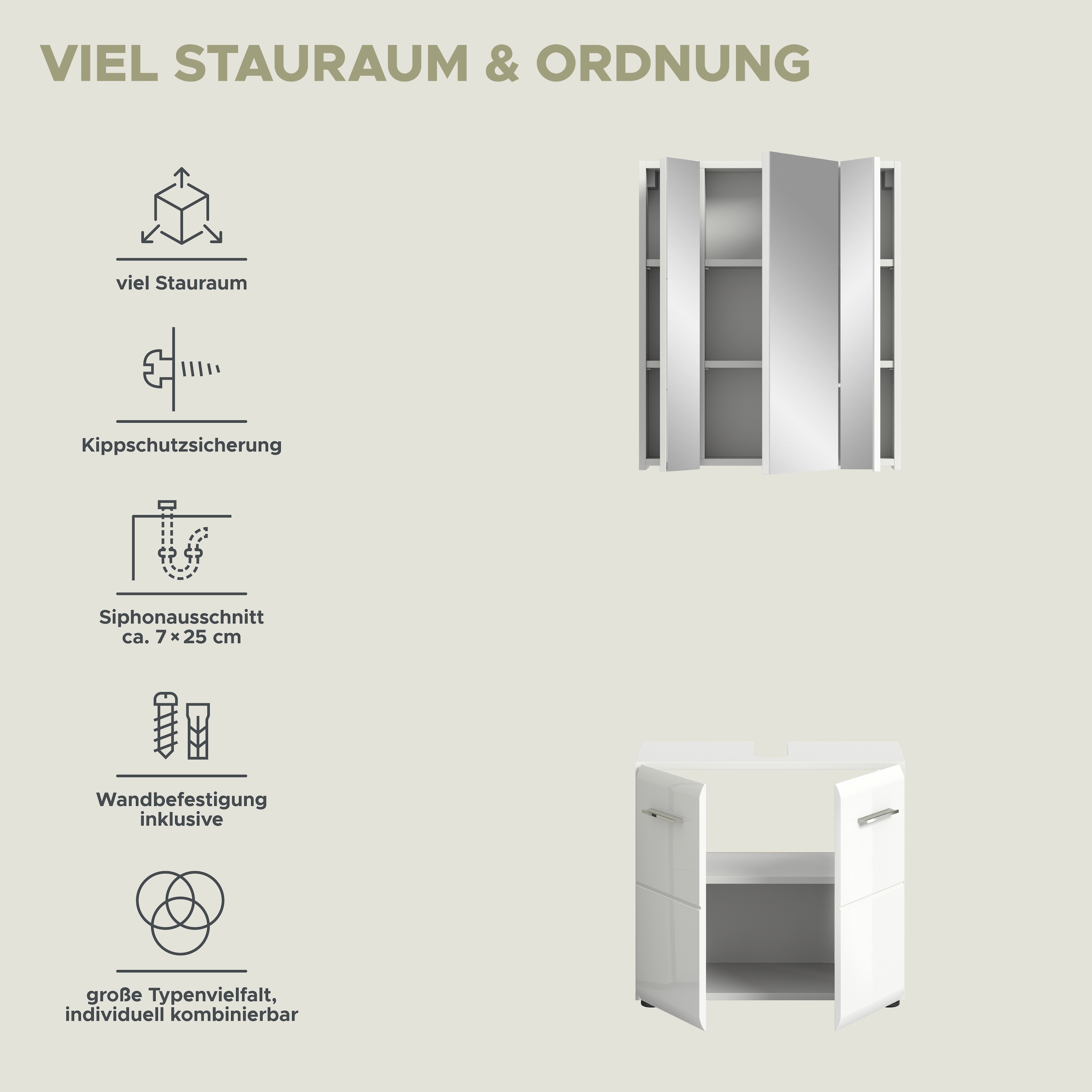 INOSIGN Badmöbel-Set »FLORENZ, TOPSELLER!, 2-teilige Badkombination, hochwertige MDF-Front« Set, bestehend aus: 1 Waschbeckenunterschrank, 1 Spiegelschrank,