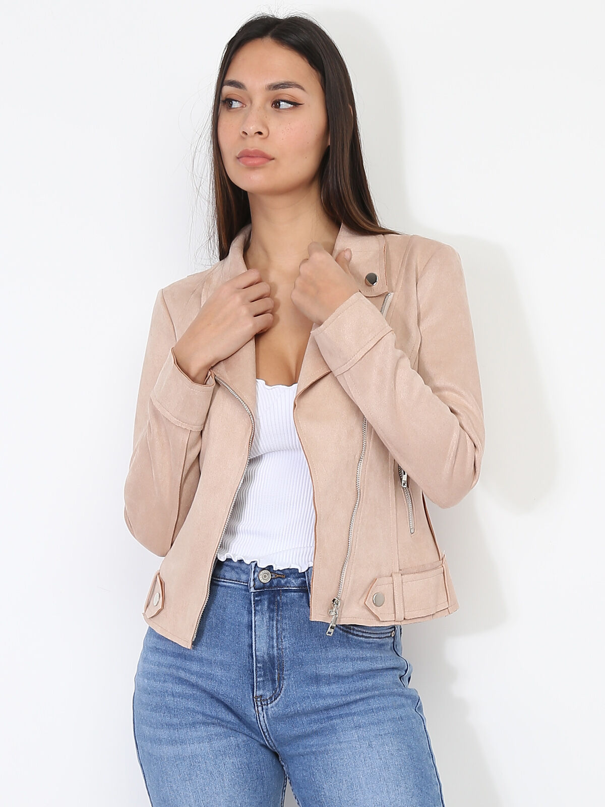 Blouson biker zippé en suédine- Beige
