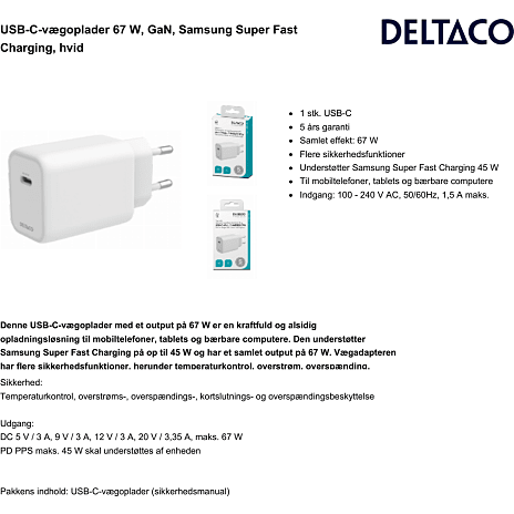 Deltaco oplader 67W - hvid