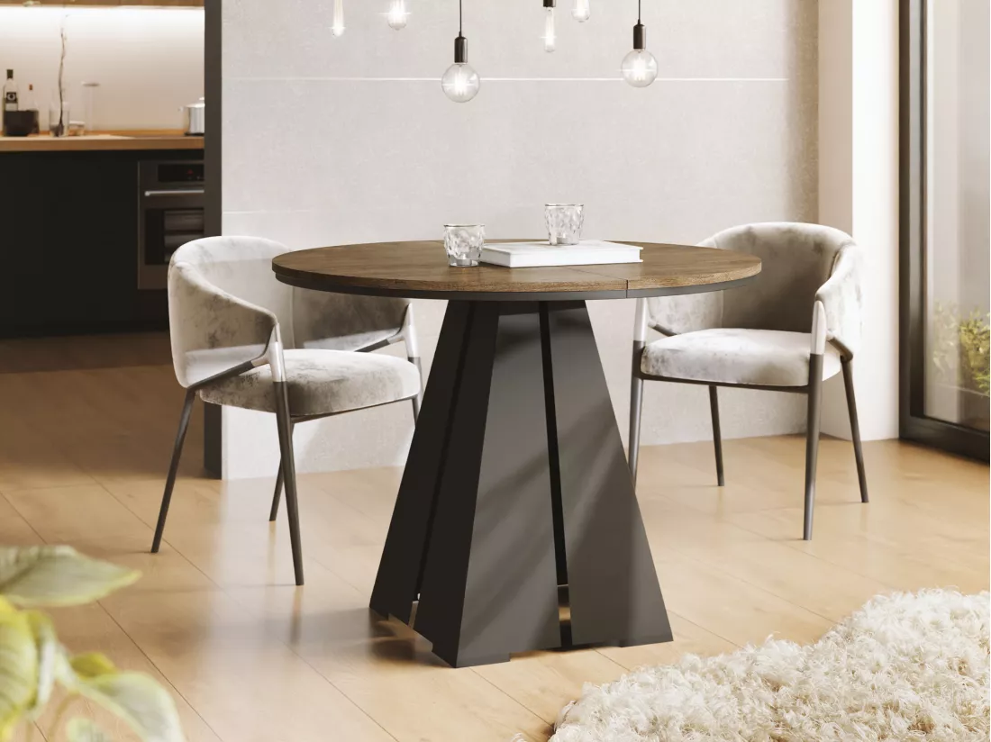 Table à Manger Ronde Extensible Avec Piètement Métallique Noir - Table Industrielle Moderne Pour Salle à Manger Ou Cuisine - 100 Cm à 180 Cm - Fabriqué En Ue - Chên