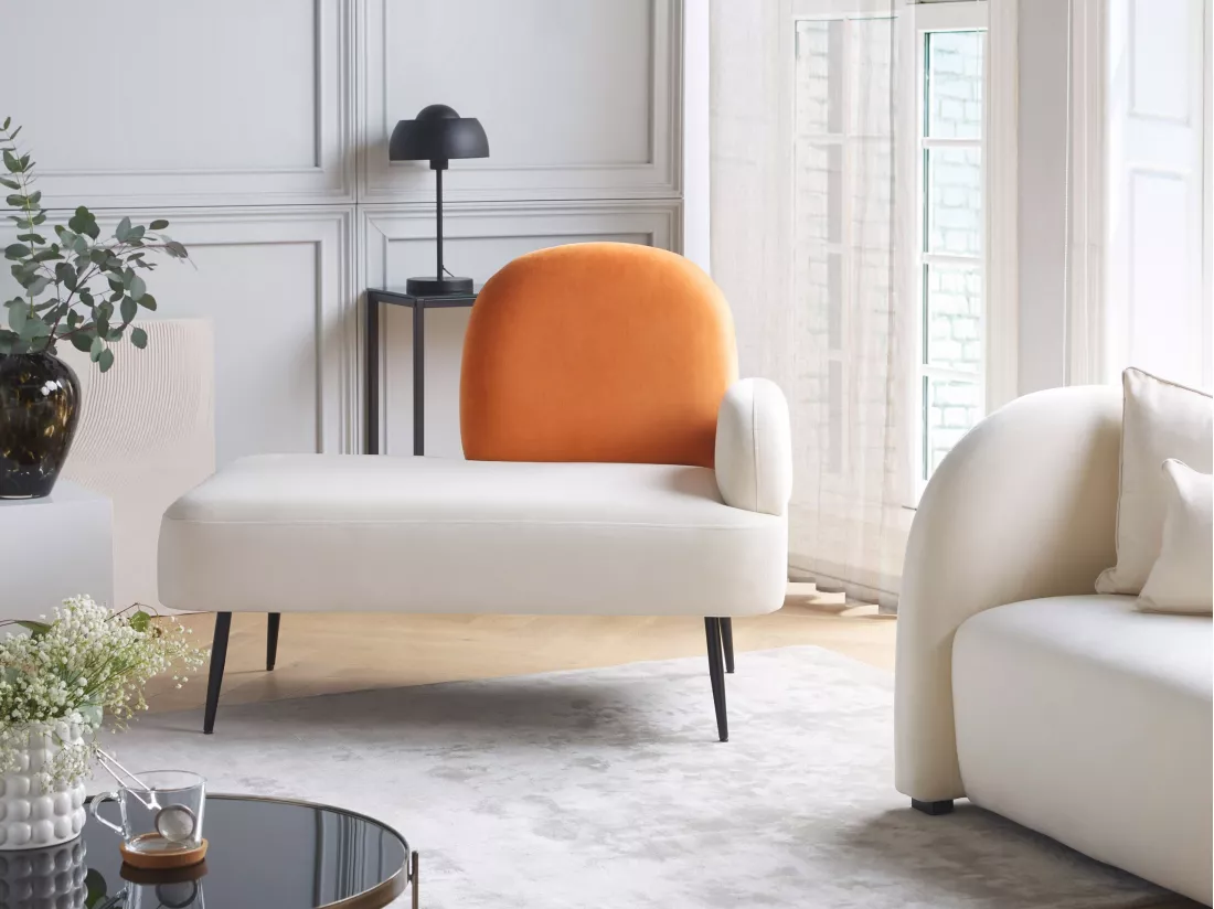 Chaise longue côté droit en velours orange ARCEY