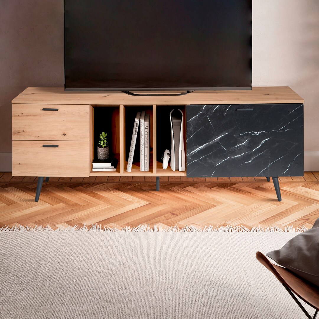 Lowboard 150 x 55 cm Eiche-Dekor/Marmor-Optik