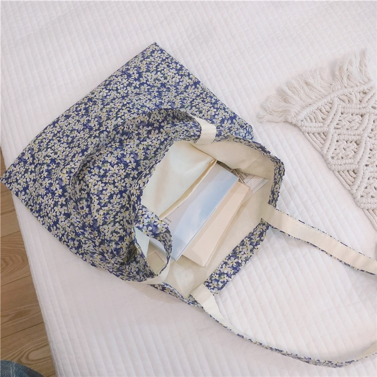 (35x37cm) Baumwoll Tote Bag Boho Stoff Tragetasche im Blumen Look - Blau