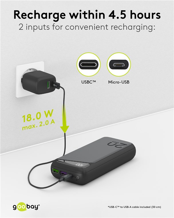 20000mAh Dual USB A Powerbank Ladegerät   LED Anzeige (53939) - Schwarz