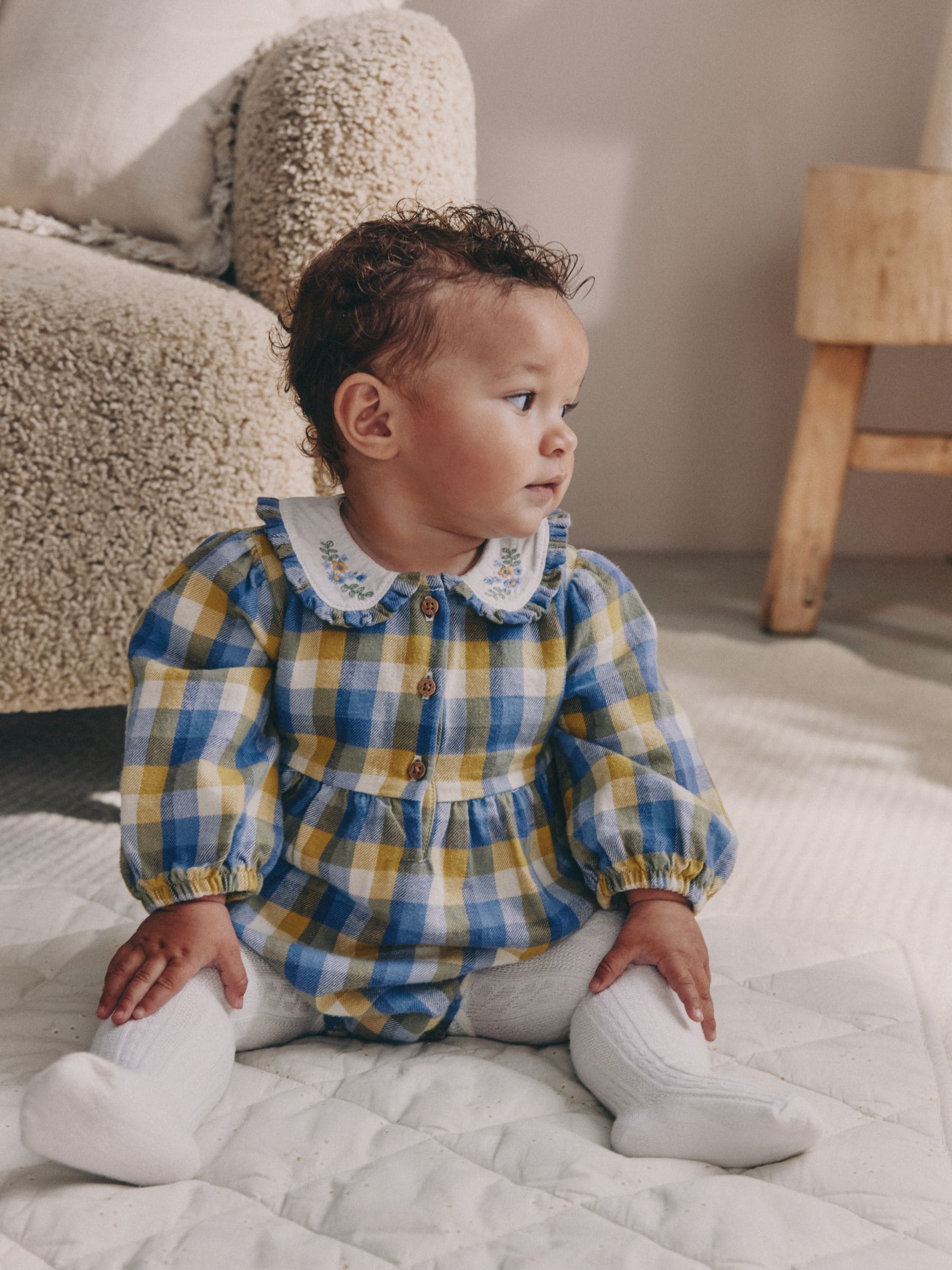 Groen/geel gingham - Babyrompers met bloemenprint Set 2 -delig met maillot (0mnd -3jr)