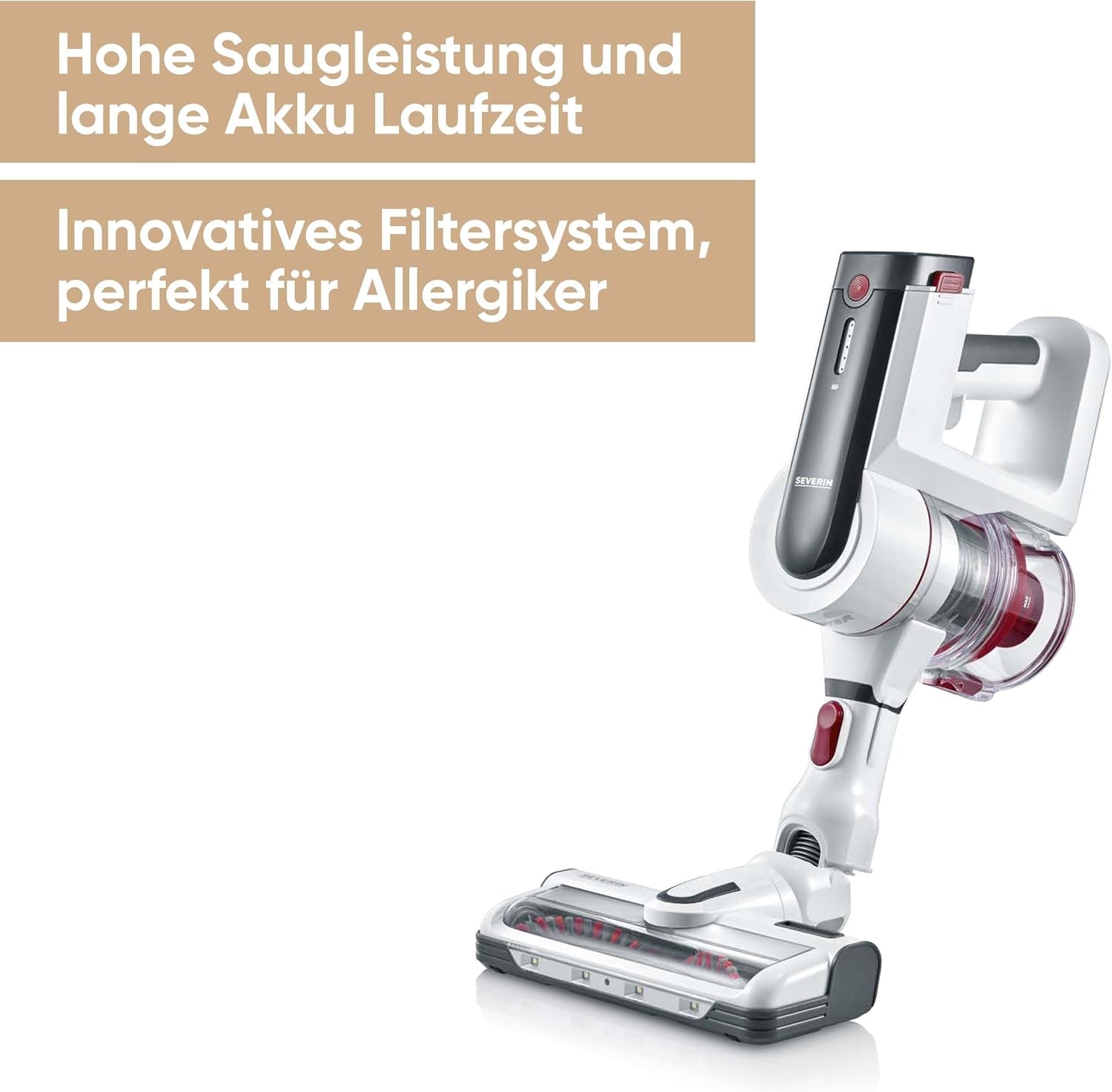 SEVERIN Akku Staubsauger kabellos 60 Min Laufzeit, 2-in-1 Staubsauger für Tierhaare, ultraleicht & beutellos für Teppich, Hartböden & Auto, mit passendem Zubehör, 400 W, weiß, HV 7166