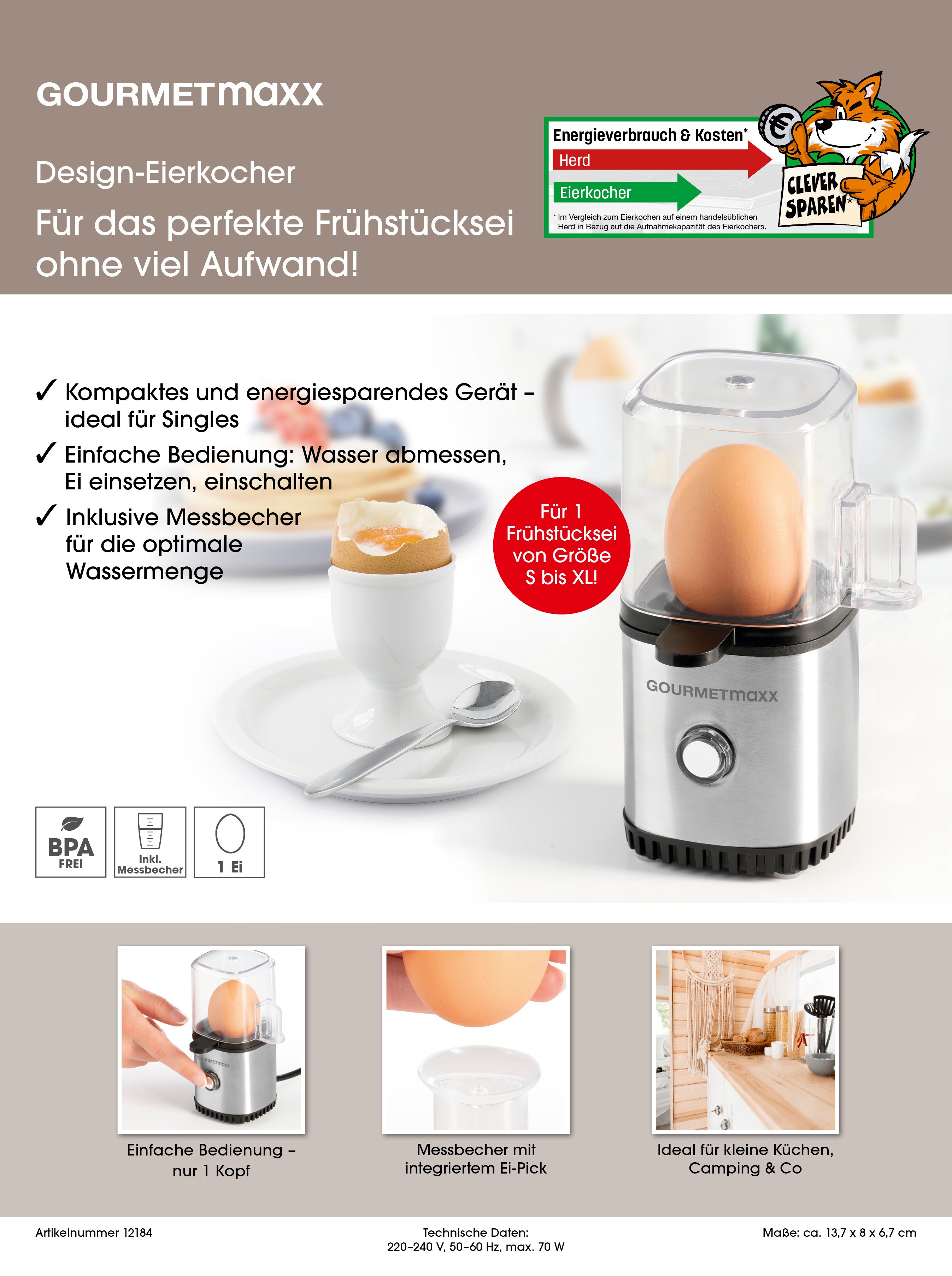 GOURMETmaxx Eierkocher für 1 Ei 70W