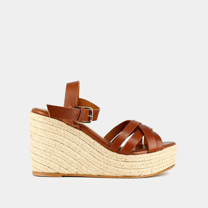 Espadrilles compensées à brides croisées  en cuir cognac