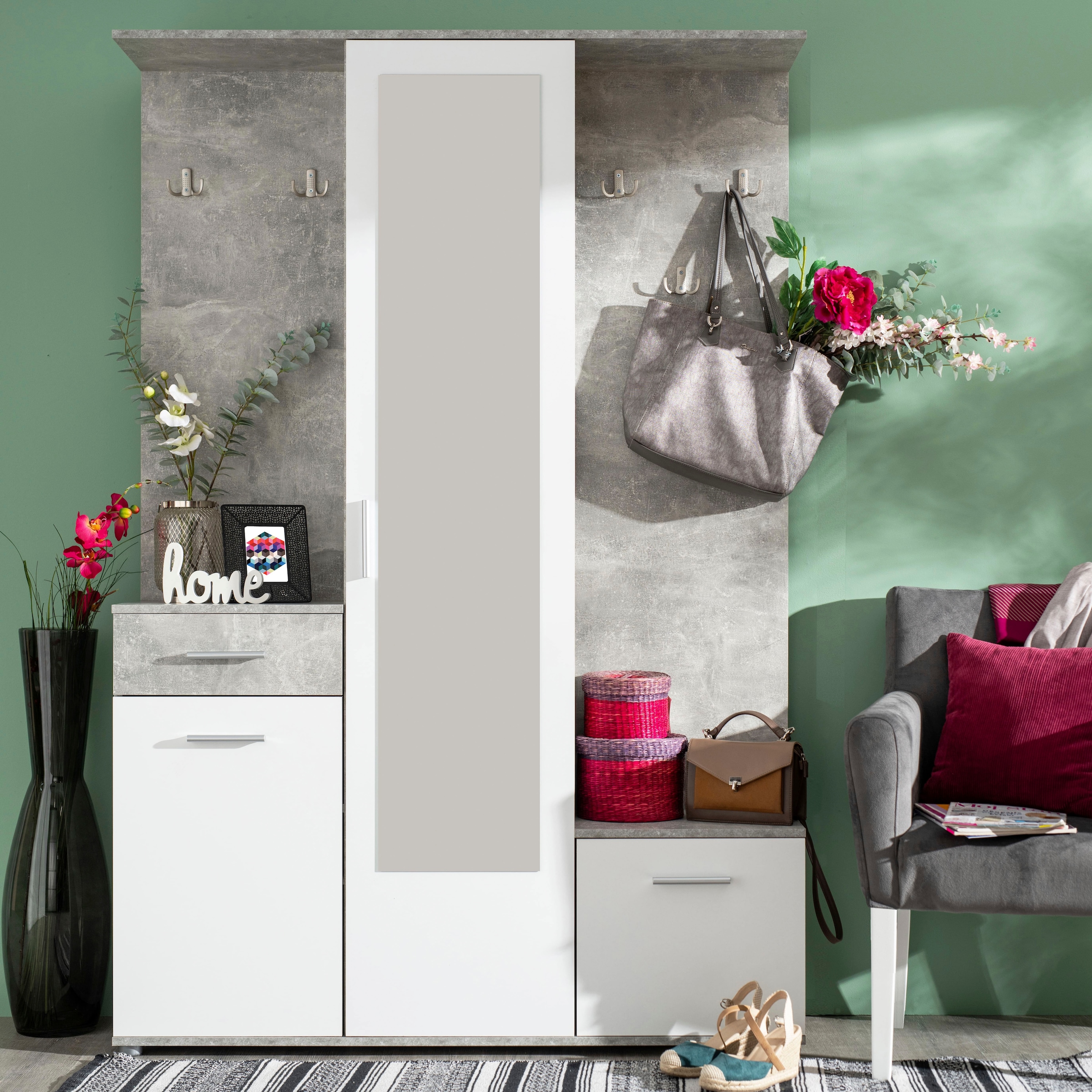INOSIGN Kompaktgarderobe »Martin Flurgarderobe, Dielenschrank, Flurmöbel, Breite 134 cm« Schuhschrank, mit Spiegel, in modernen Farben, mit 10 Haken