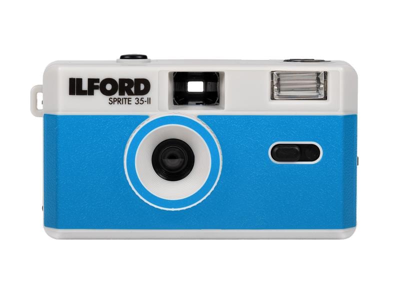 Ilford Analogkamera Sprite 35-II Blue & Silver Kompaktkamera mit Blitz