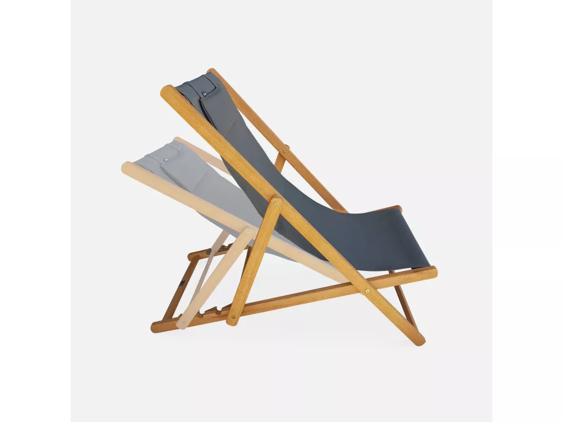 Chiliennes bois - Creus - 2 transats en bois d'Eucalyptus huilé avec coussin repose-tête gris