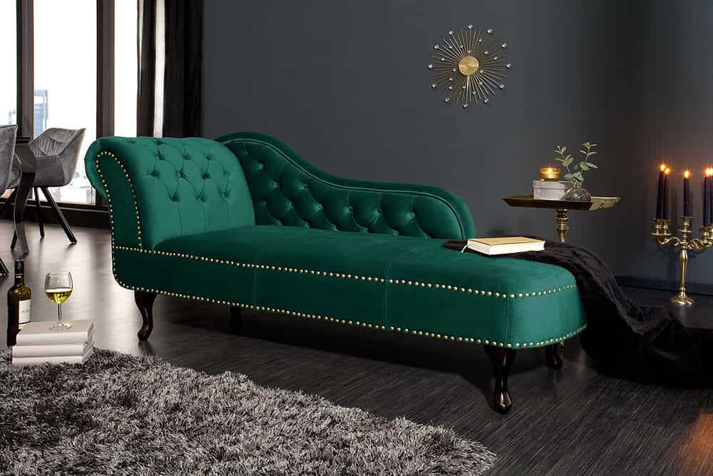 Design Récamière CHESTERFIELD 170cm smaragdgrün Samt Knopfheftung Nietenbesatz