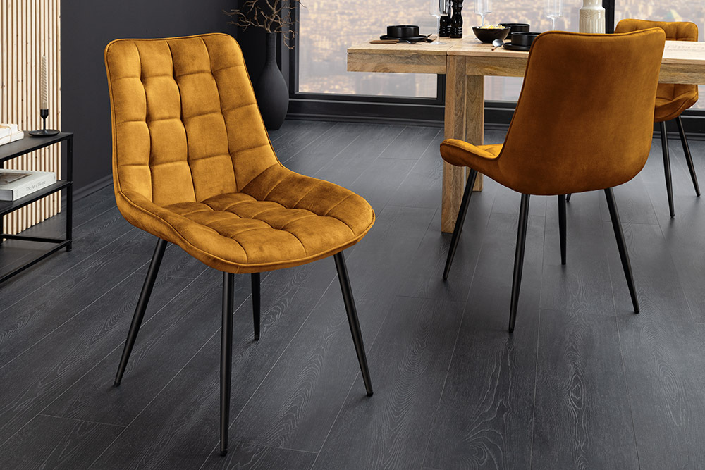 Design Stuhl ROADSTAR senfgelb Samt schwarze Metallbeine