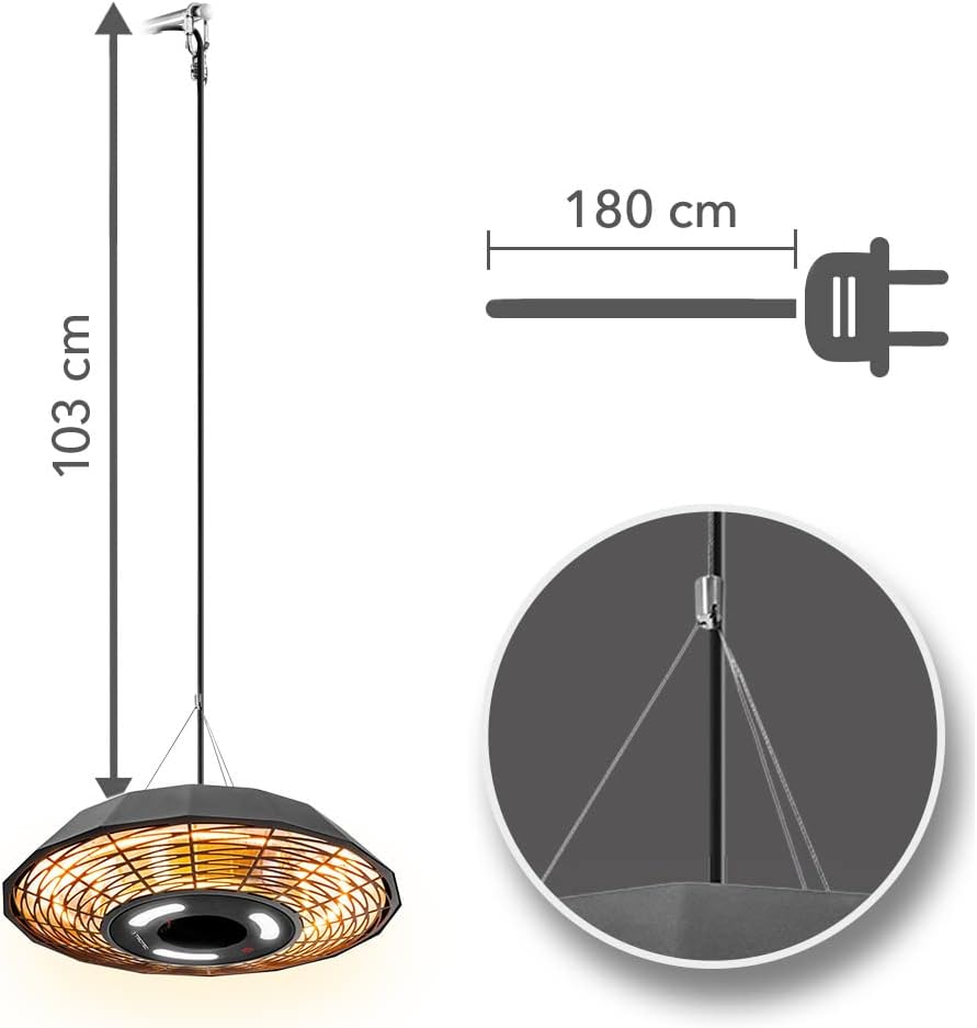 TROTEC Infrarot-Deckenheizstrahler IR 2010 SC – 2.000 W, 360° Rundumwärme, LED-Beleuchtung, IP45 wetterfest, Fernbedienung, Aluminiumgehäuse, für Terrasse & Gastronomie
