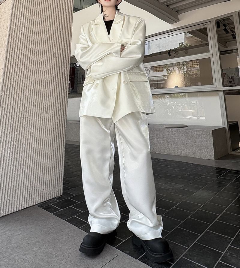Omozando - Set: Dubbelrijs blazer + Hoge taille wijde broek