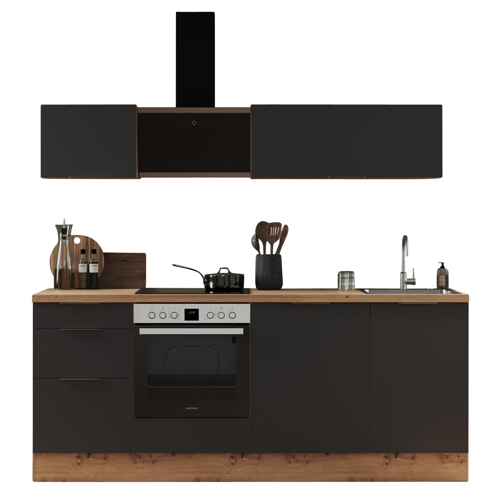 RESPEKTA Küchenblock - grau matt - Artisan Eiche - mit E-Geräten - 220 cm