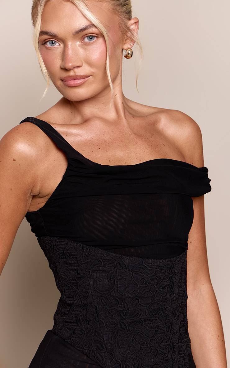 Noir Robe Moulante Drapée En Mesh Avec Corsage En Dentelle Plt Label