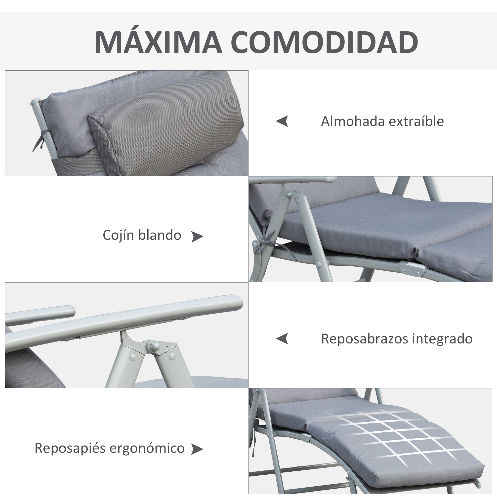 Espreguiçadeira dobrável Outsunny para jardim, com encosto ajustável em 7 posições, almofada para corpo inteiro e cabeça, ideal para pátio e piscina, suporta até 165 kg, dimensões 137 x 63,5 x 100,5 cm, cor cinza.