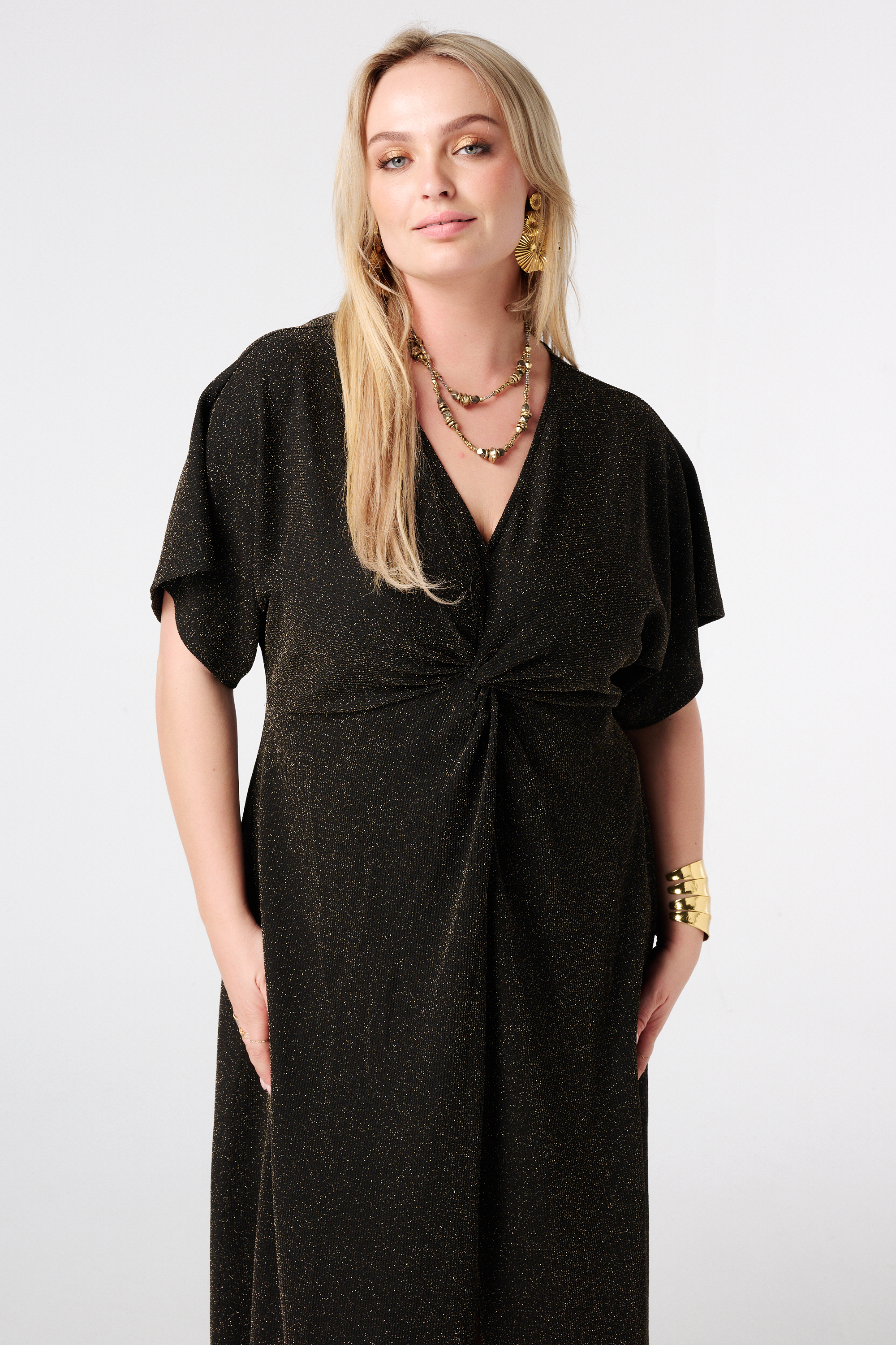 Glitter jurk met vlindermouwen en knoop detail bronze