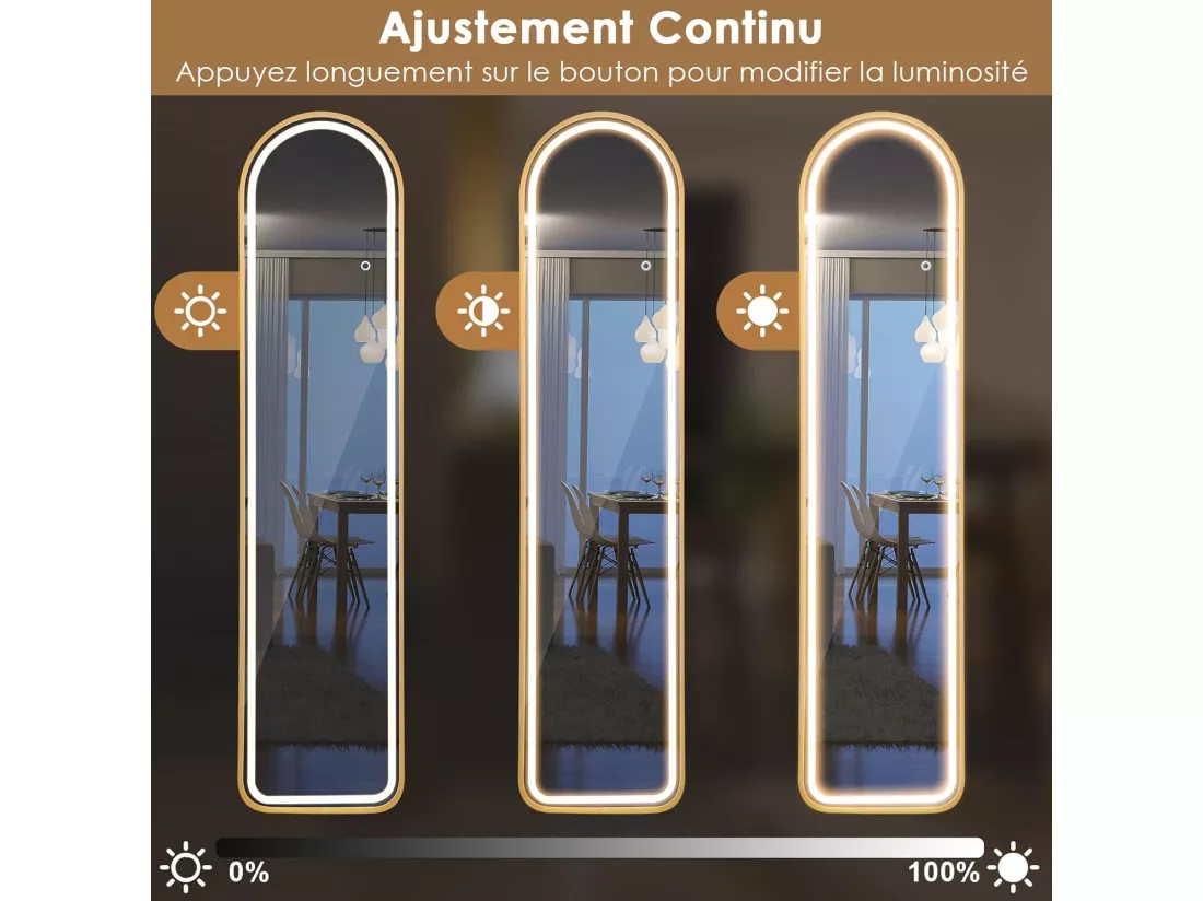 Miroir sur pied rectangulaire avec led, grand miroir 37x155 cm, doré(semi-circulaire)