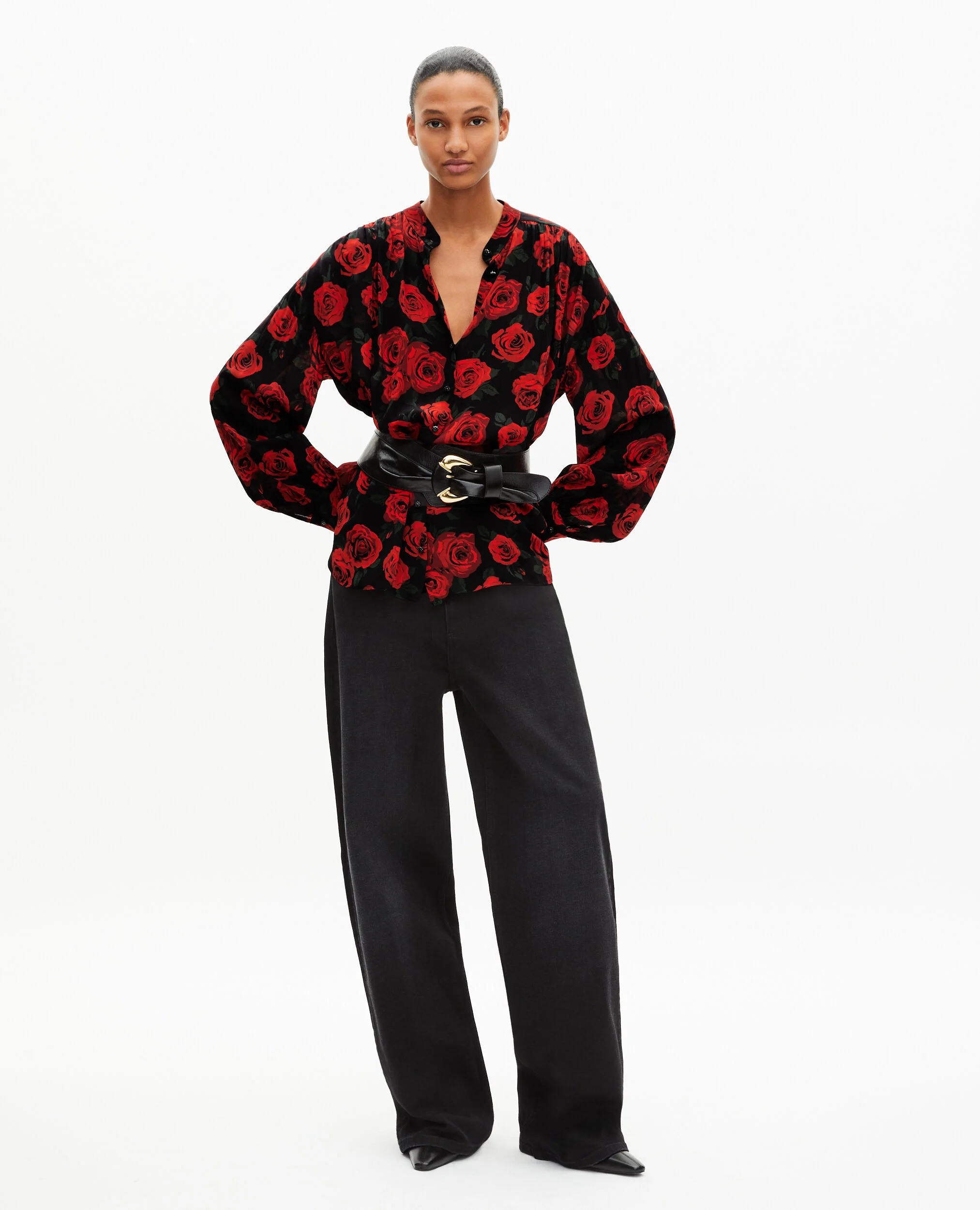 Chemise ample imprimé fleuri noire