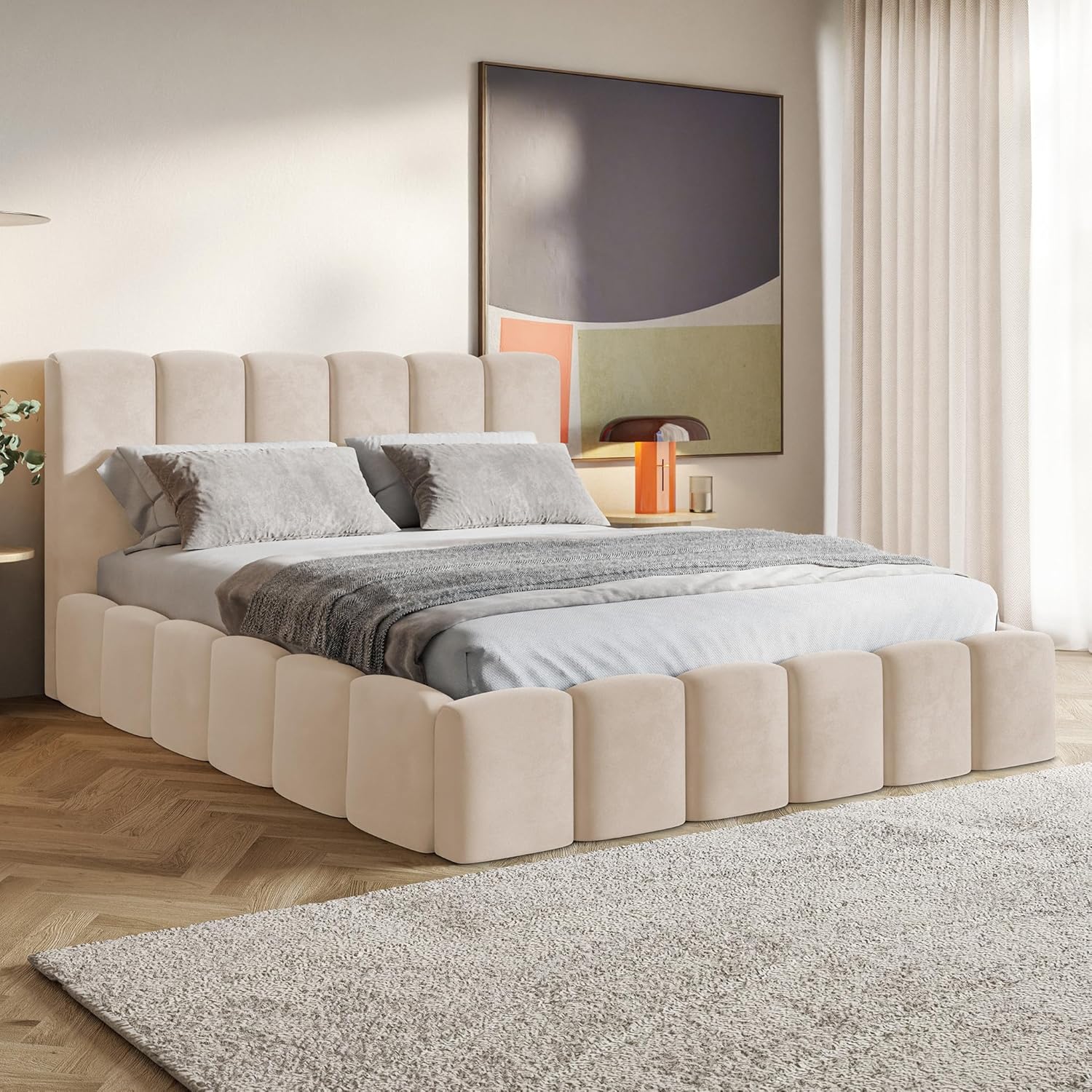 Nunu Bubble Bett 140x200 Beige Samt, mit Stauraum, mit Kopfteil, mit Lattenrost, ohne Füße, ohne Matratze, Bubble Polsterbett 140x200 mit Bettkasten Beige (Creme)