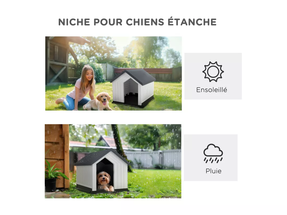 Niche chien extérieure - maison chien - niche plastique - grille d'aération - dim. 62L x 61l x 60H cm - blanc gris noir