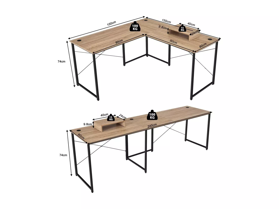 Bureau d'angle en L Réversible avec Support de Moniteur/Poste de Travail Industriel pour 2 Personnes avec 3 Trous de Câble-Assemblage Facile-150 x 150 x 74 CM, Naturel
