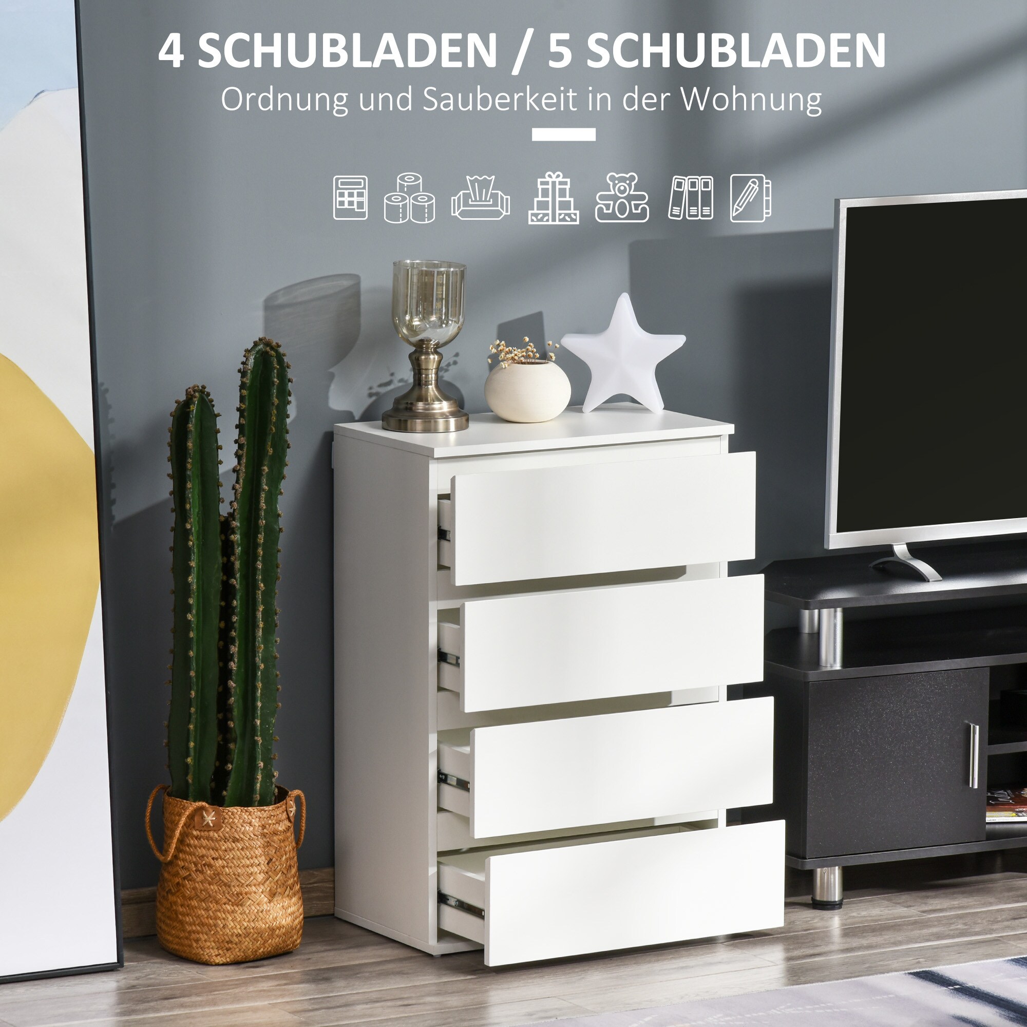 HOMCOM Kommode mit 4 Schubladen weiß 55L x 33B x 80H cm