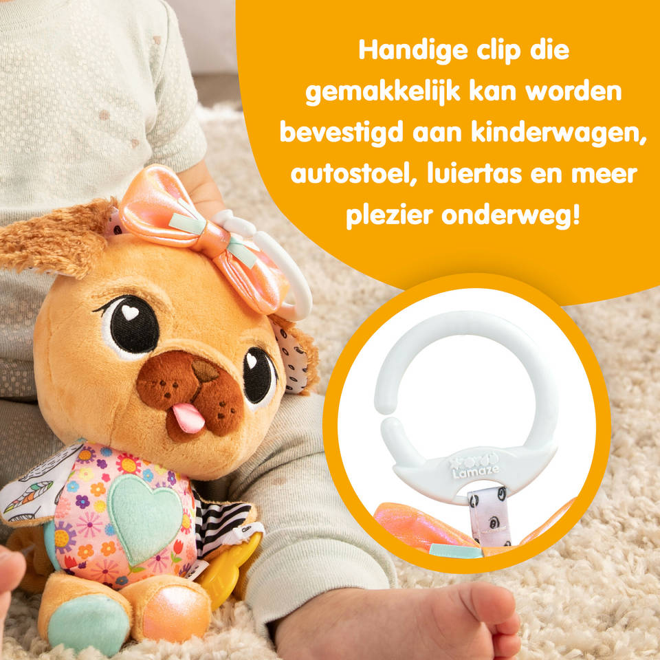 Lamaze Lovey de hond knuffel met ophangclip