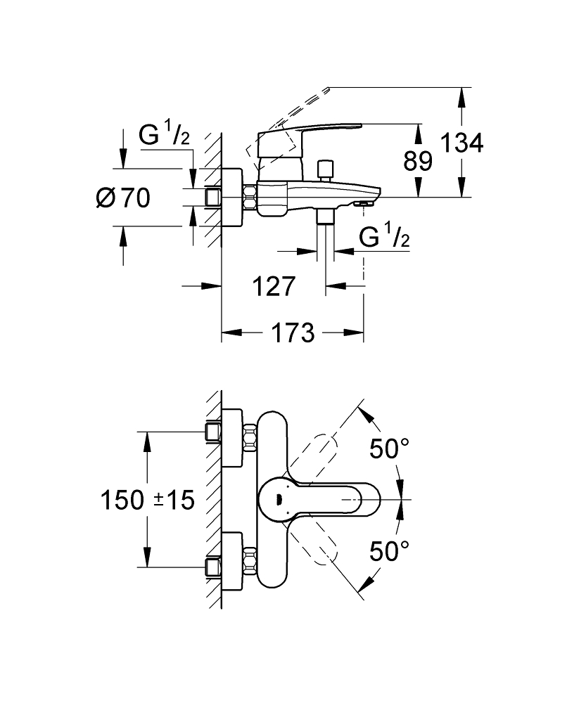 Grohe Eurostyle Cosmopolitan badkraan m. omstel en koppelingen chroom