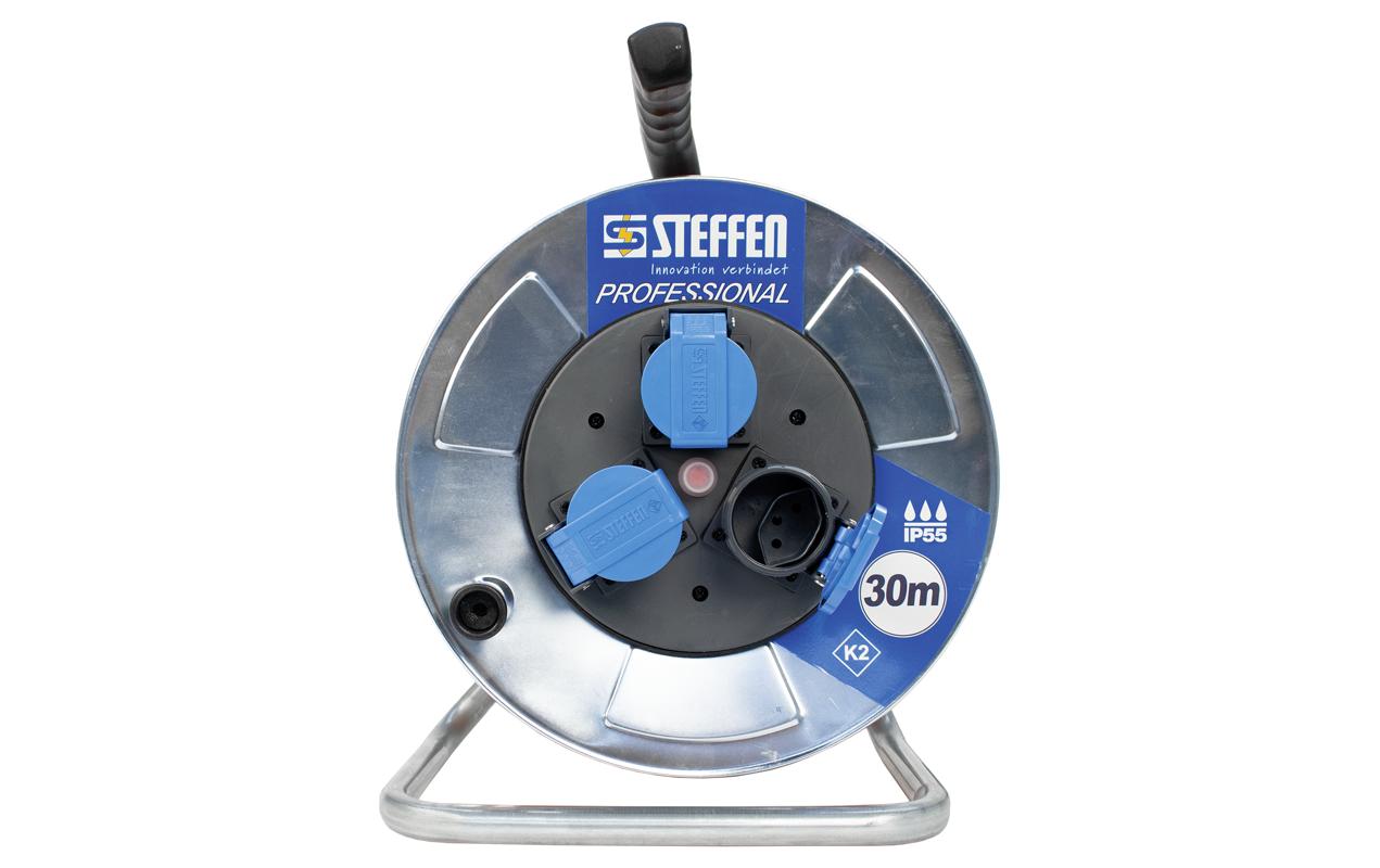 Kabelrolle Professional 30 m 3x T13, IP55, Silber<br>Metall Kabelrolle 3x T13 mit Deckel, verzinkt, IP55, EPR-PUR 3x 1.5 mm2 und 30 m langem Kabel