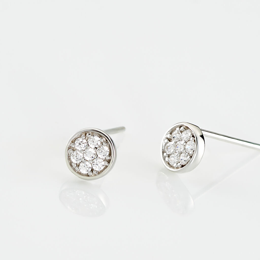Boucles D'oreilles Puces Pastille Serti Clos Or Blanc Oxyde