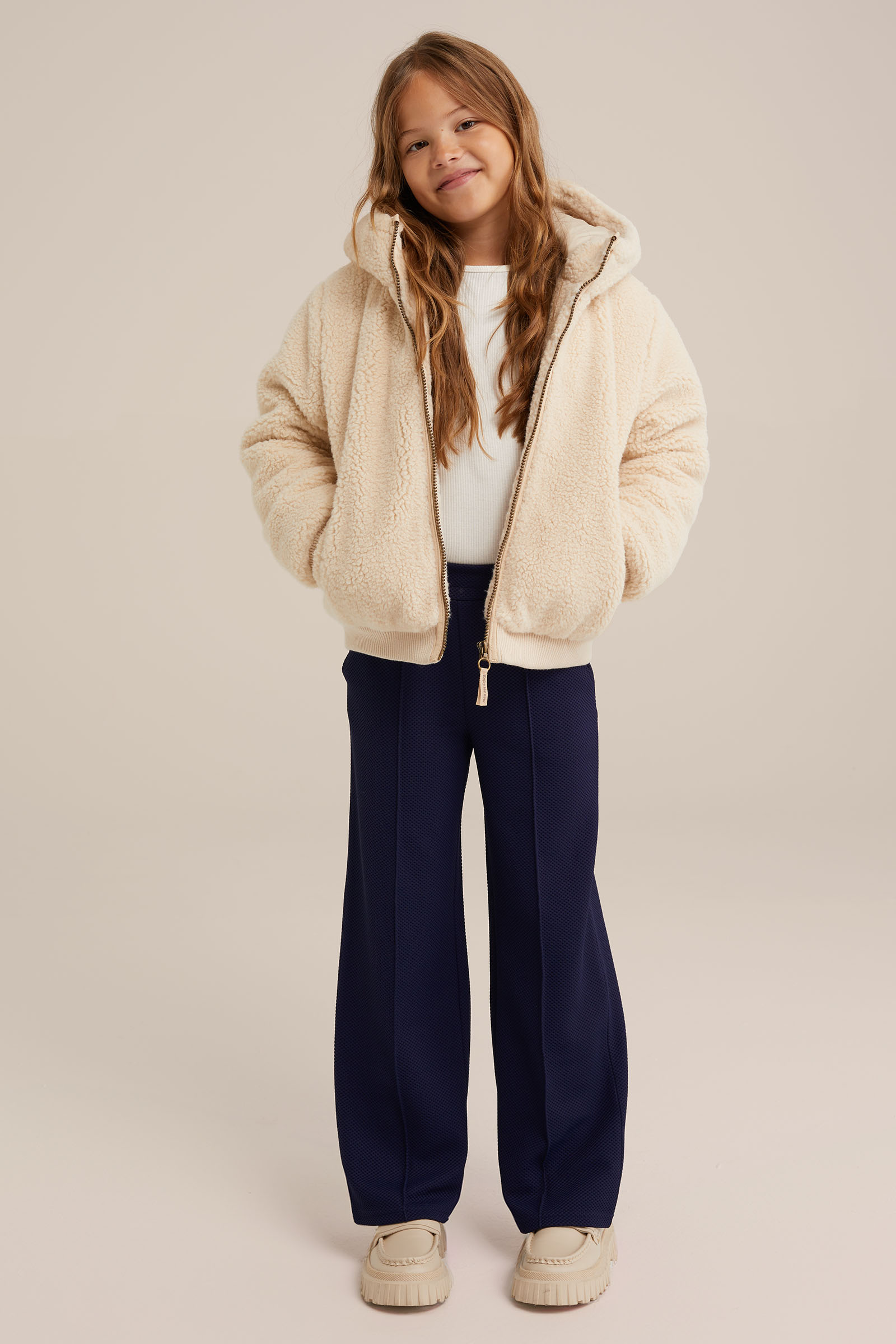 Meisjes straight fit broek met structuur WE Fashion Donkerblauw